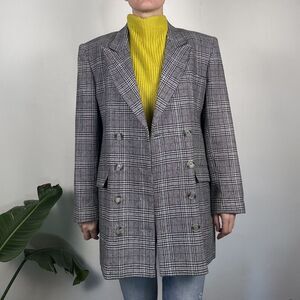 Vintage 80s 90s Houndstooth Plaid Double Breasted Blazer, Black Check Jacket